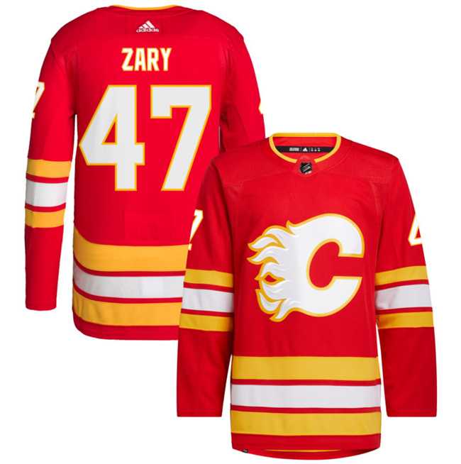 Mens Calgary Flames #47 Connor Zary Red Stitched Jersey Dzhi